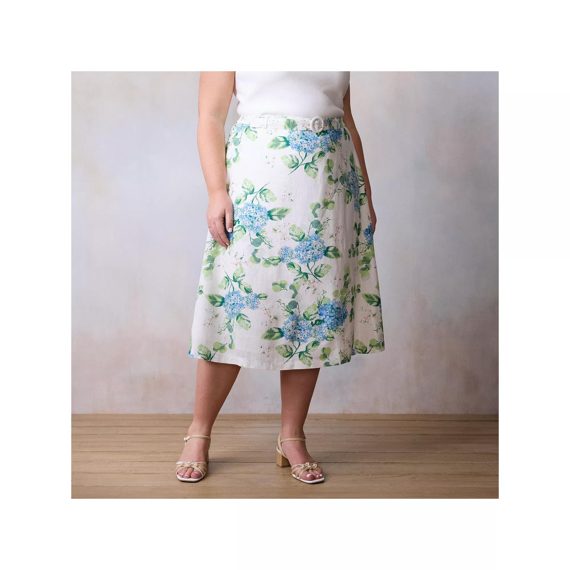 Plus Size LC Lauren Conrad Self Belt Midi Skirt With Buckle, Women's, Size: 1XL, White Cape Blooms Product Image