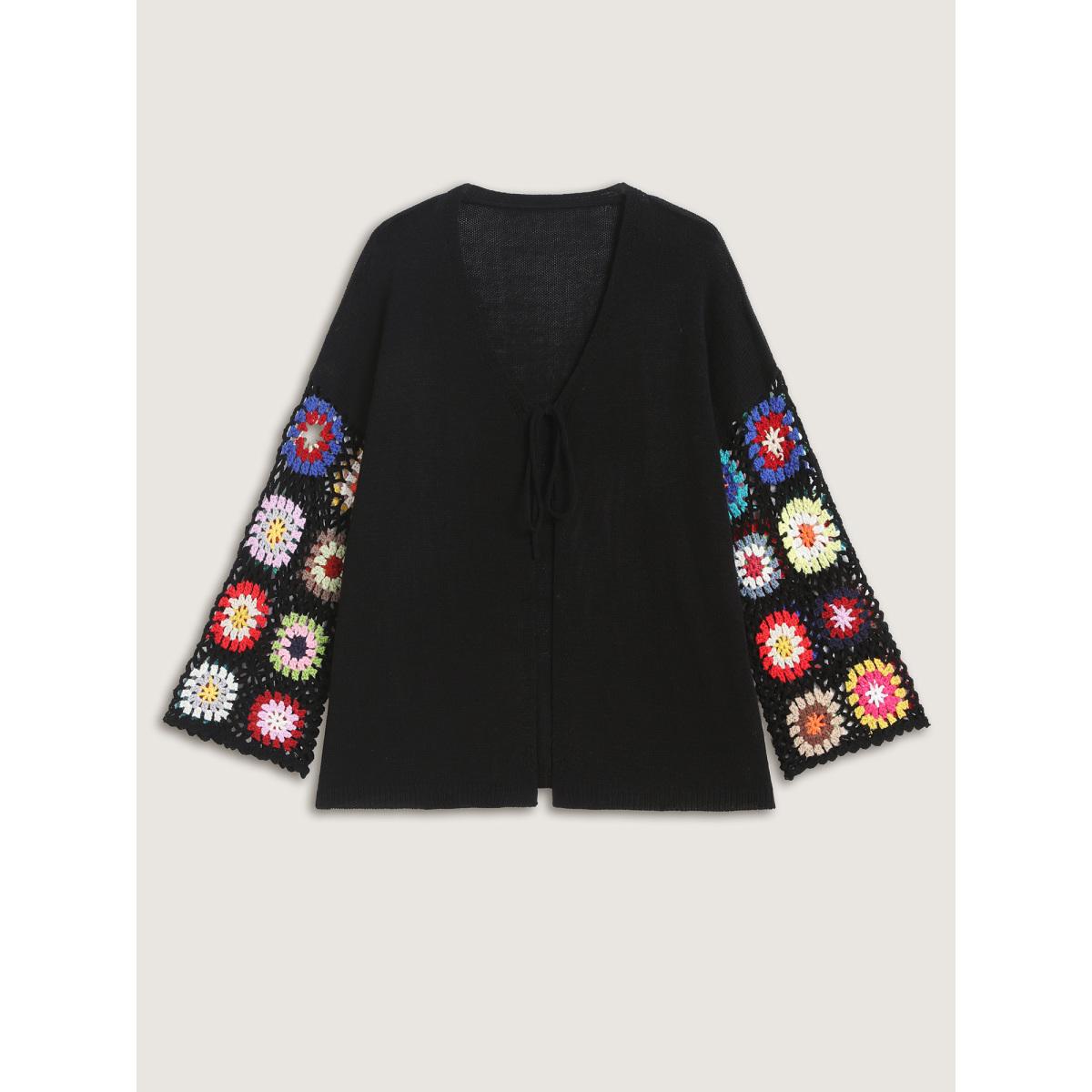 Plus Size Crochet Floral Tie Cut-Out Cardigan Black Women Playful Loose Long Sleeve Casual Cardigans BloomChic 18-20/2X Product Image