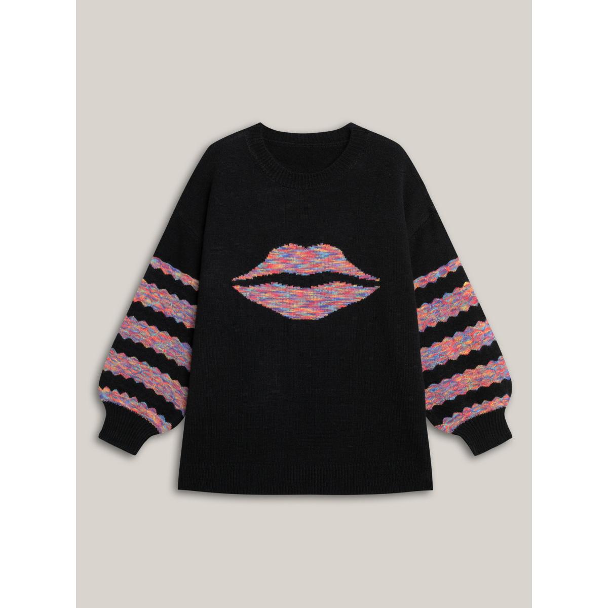 Plus Size Lips Motif Jacquard Color Contrast Pullover Black Women Casual Loose Long Sleeve Round Neck Everyday Pullovers BloomChic 26/4X Product Image