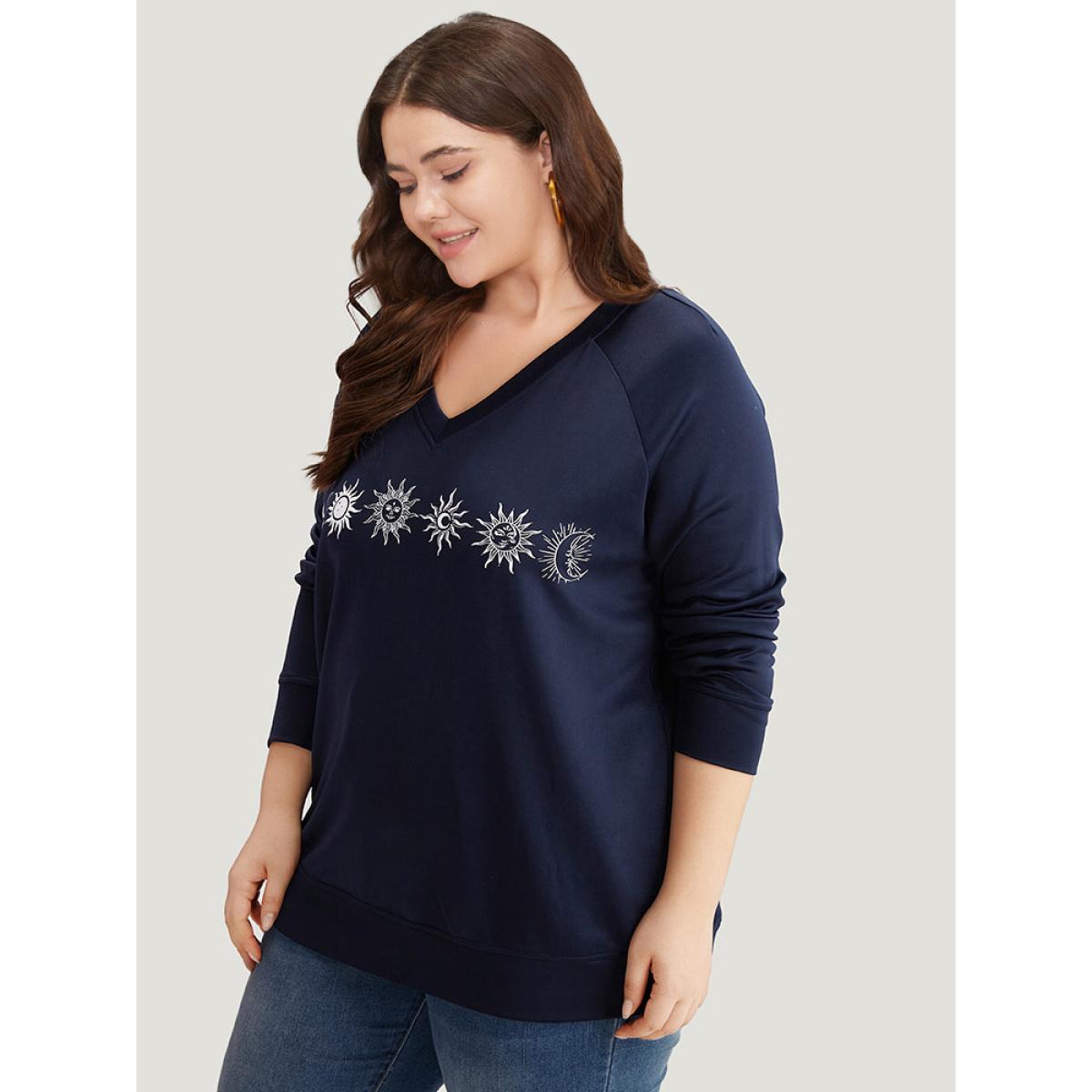 Plus Size Moon & Star Print V Neck Sweatshirt Women Indigo Casual Printed Everyday Sweatshirts BloomChic 28/5X Product Image