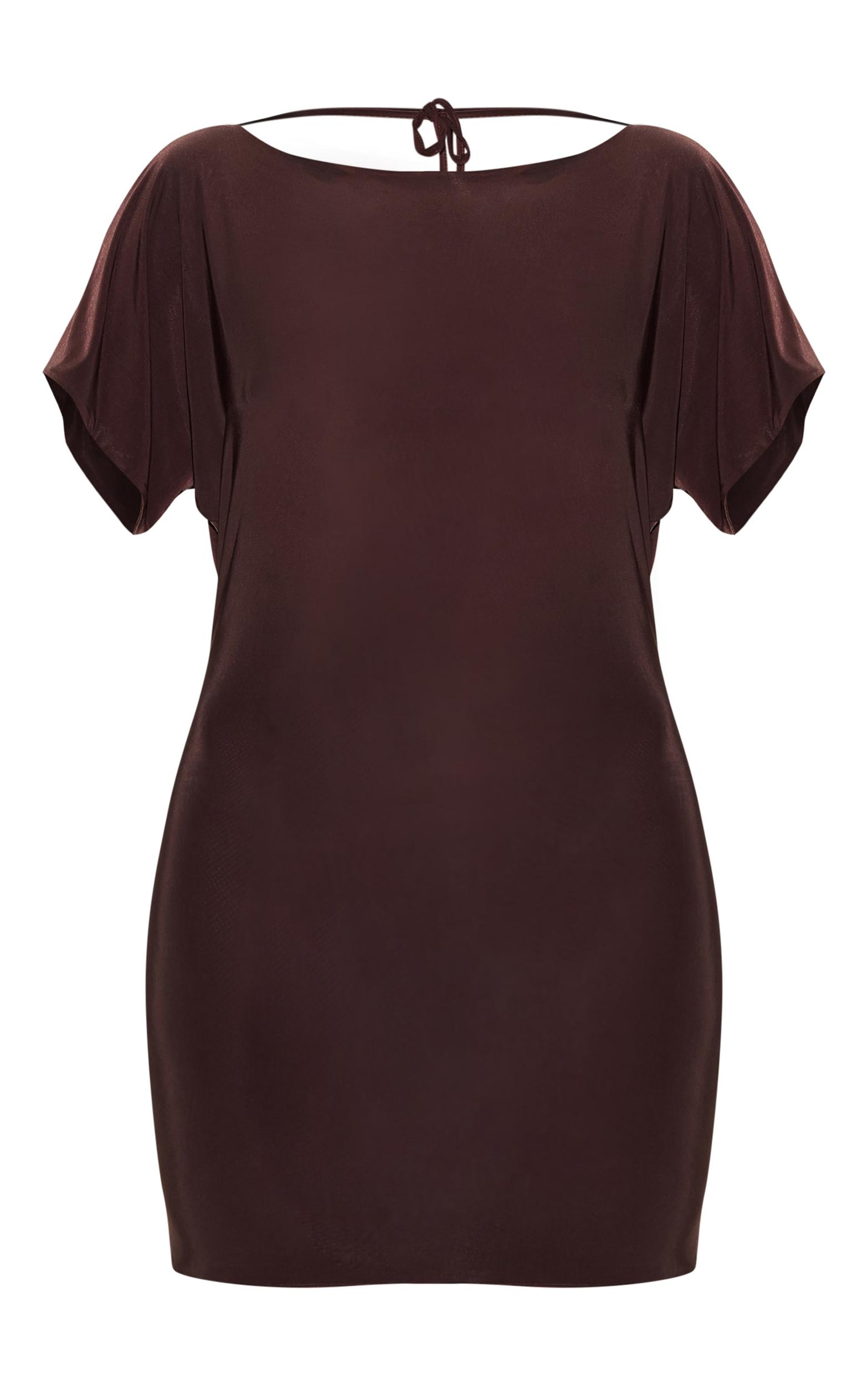 Chocolate Double Layered Slinky Ruched Short Sleeve Mini Dress Product Image