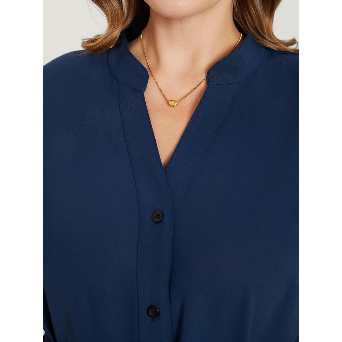 Plus Size Solid Cuffed Sleeve Button Up Belted Laser Cut Arc Hem Dress DarkBlue Women Office Belted Notched collar Short sleeve Curvy Knee Dress BloomChic 22-24/3X Product Image