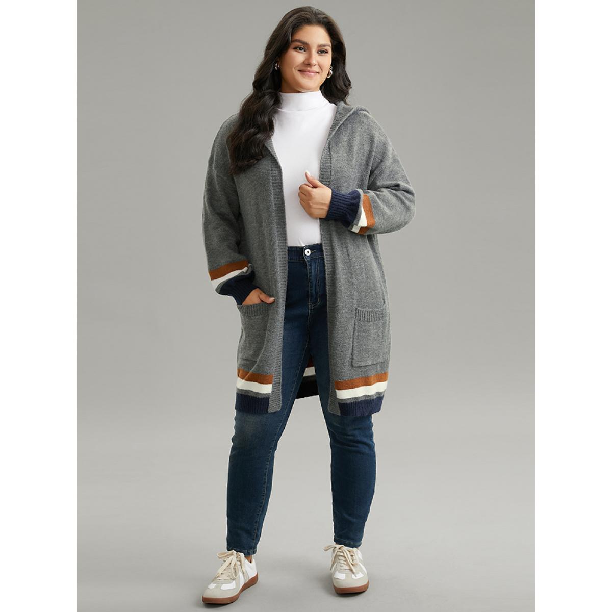 Plus Size Supersoft Essentials Striped Contrast Pocket Hooded Cardigan DimGray Women Casual Loose Long Sleeve Dailywear Cardigans BloomChic 22-24/3X Product Image