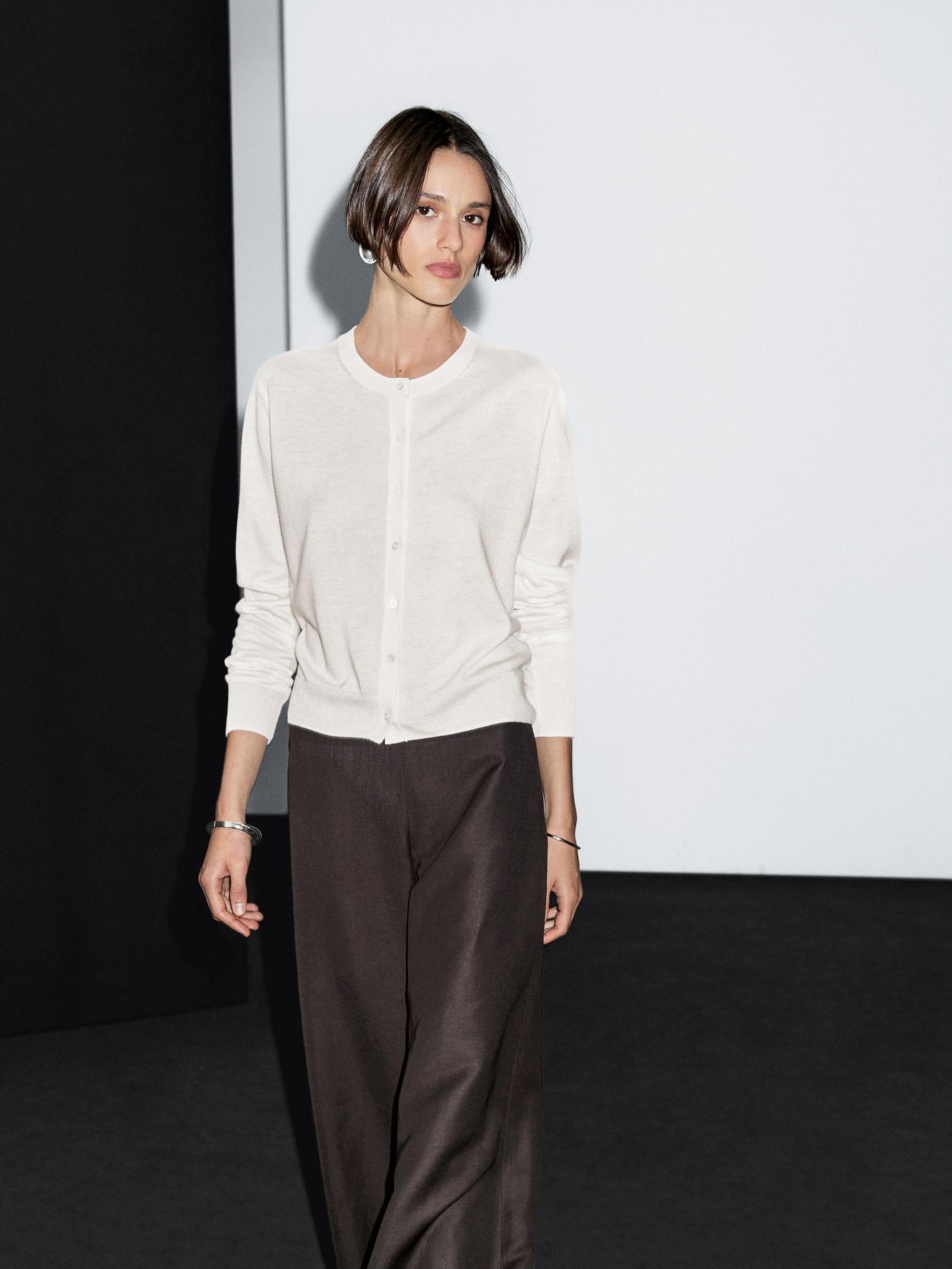 Wool blend knit cardigan with crew neck Product Image