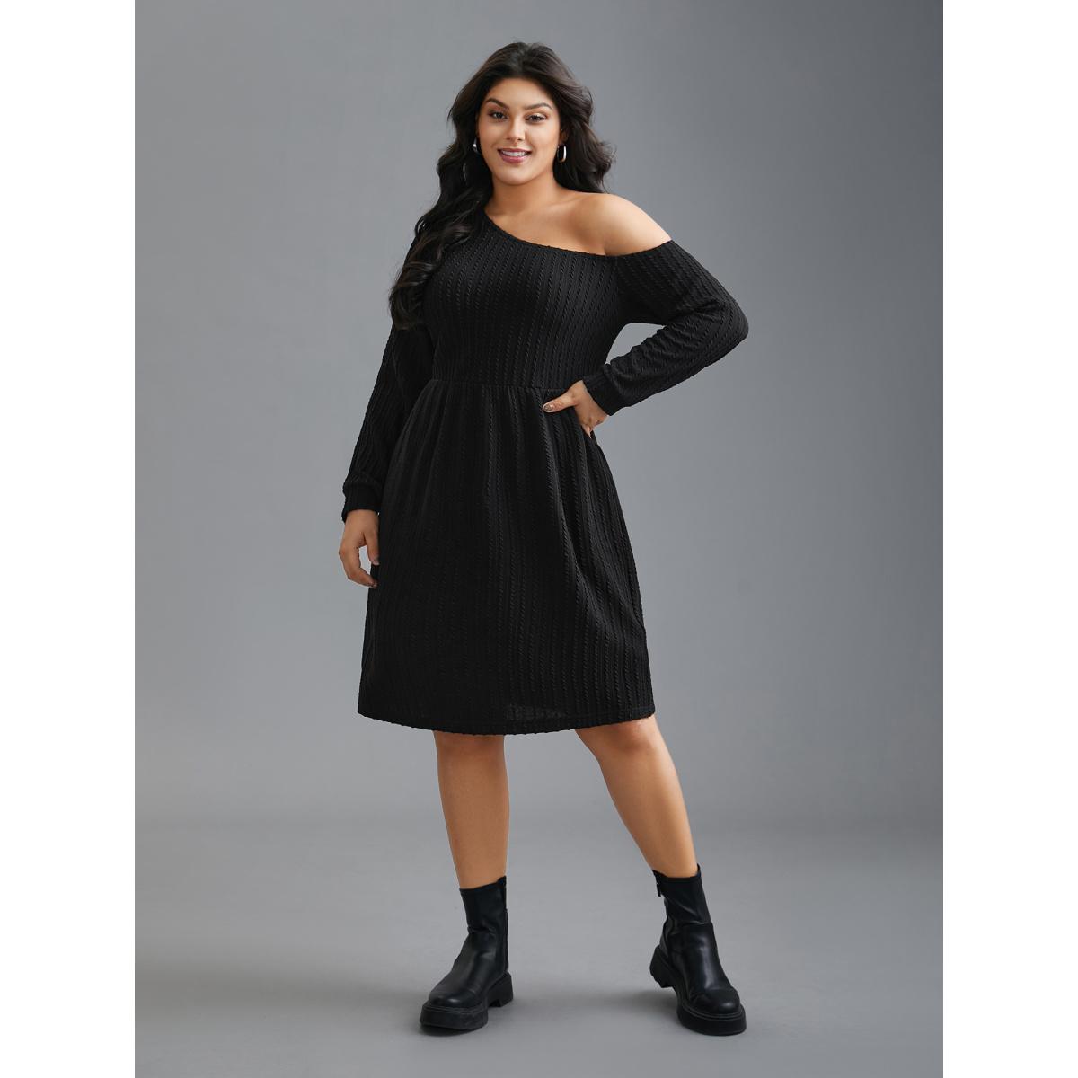 Plus Size One Shoulder Plain Textured Dress Black Women Casual Texture Knit Dresses Bloomchic 12/L Product Image