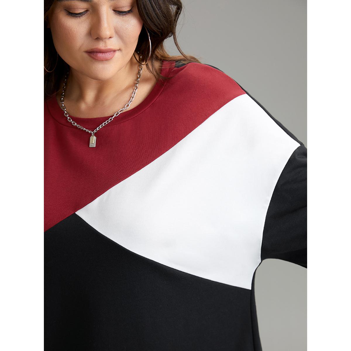 Plus Size Colorblock Contrast Round Neck Drop Shoulder Sweatshirt Women Black Casual Contrast Round Neck Dailywear Sweatshirts BloomChic 26/4X Product Image