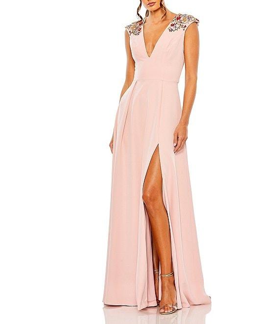 Mac Duggal Beaded Shoulder Deep V-Neck Cap Sleeve Thigh High Slit A-Line Gown Product Image