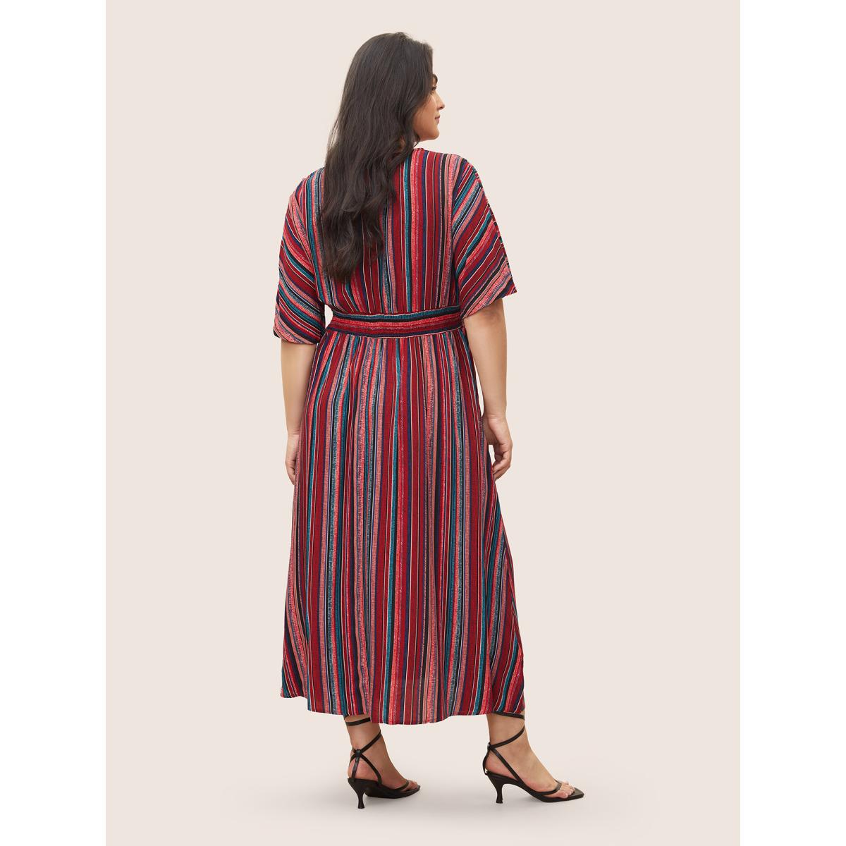 Plus Size Striped Contrast Dolman Sleeve Shirred Pocket Split Flutter Dress Red Women Boho Non V-neck Half Sleeve Curvy BloomChic 18-20/2X Product Image
