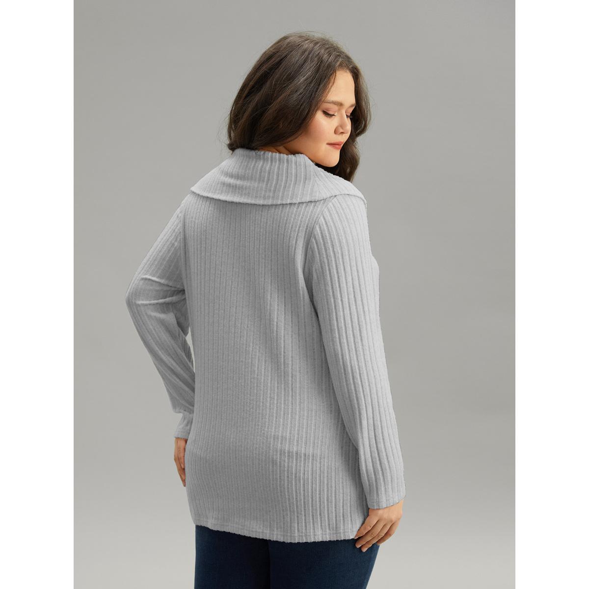 Plus Size Plain Rib Knit Cowl Neck T-shirt LightGray Women Elegant Texture Plain Ruffled collar Dailywear T-shirts BloomChic 22-24/3X Product Image