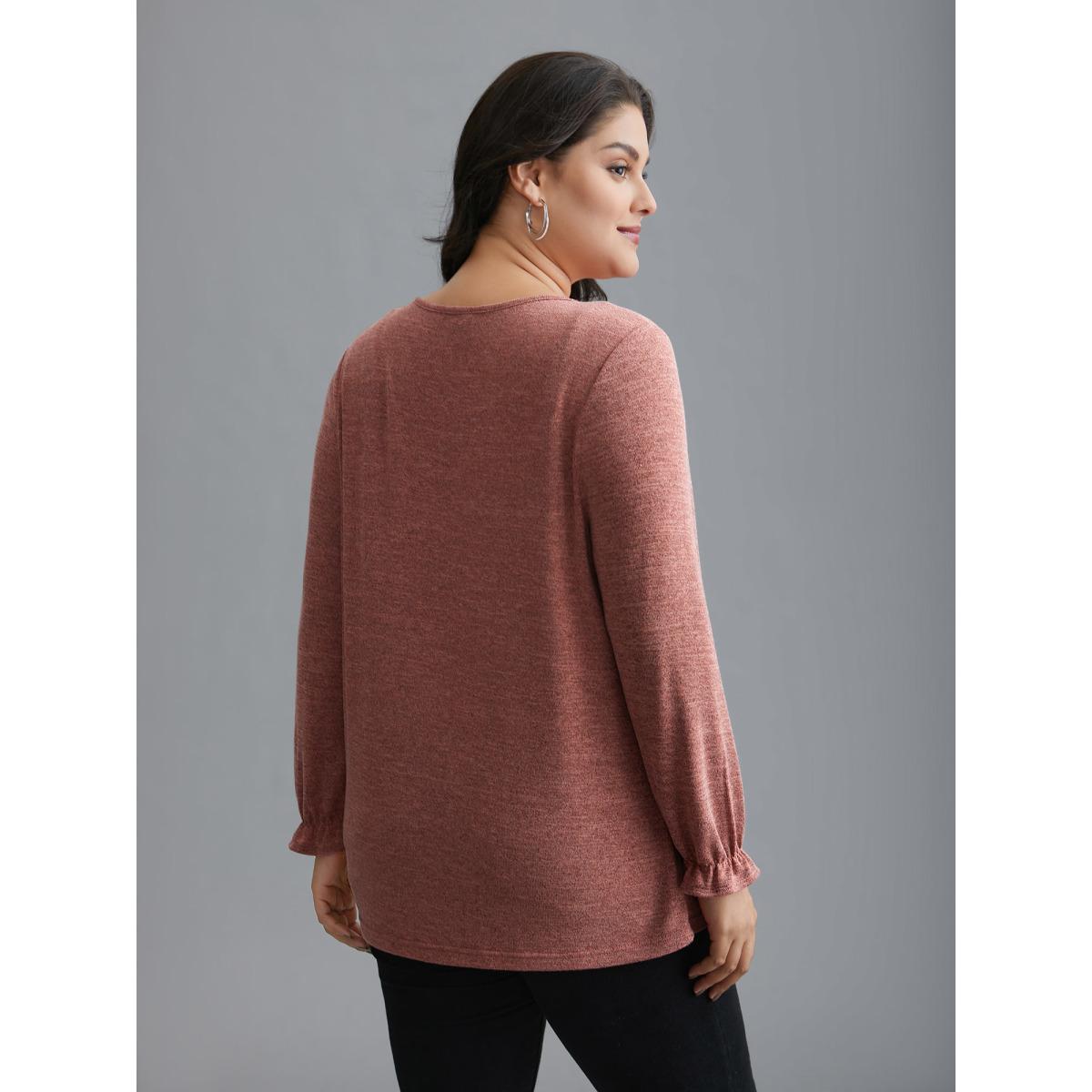 Plus Size Round Neck Heather Pleated T-shirt OrangeRed Women Elegant Pleated Round Neck Loose Everyday T-shirts BloomChic 30/6X Product Image