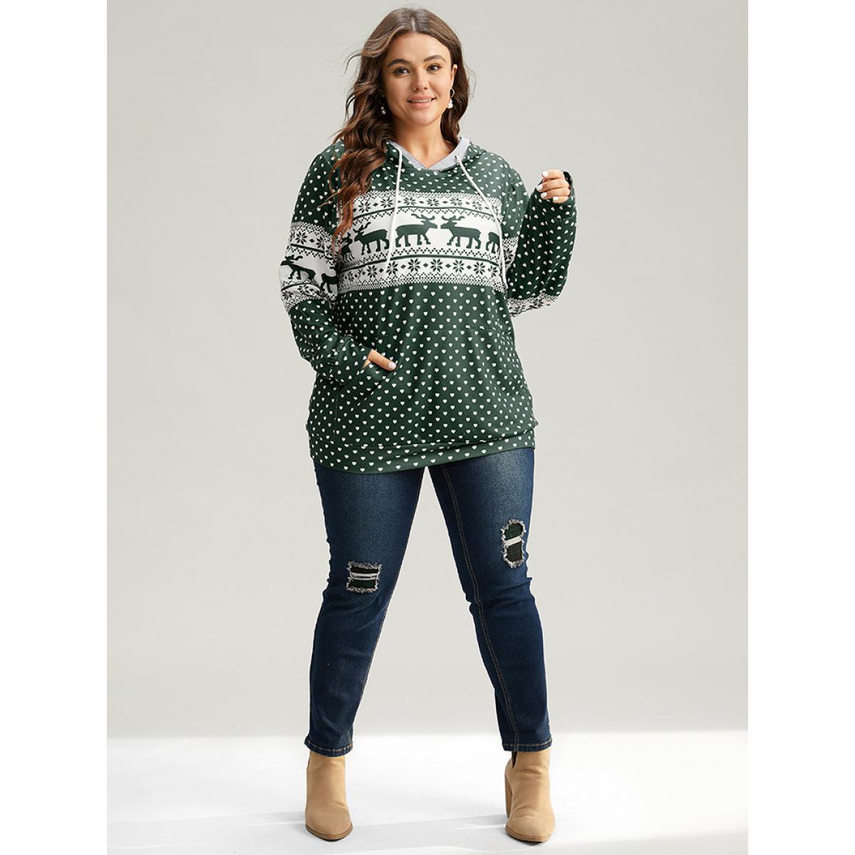 Plus Size Christmas Elk Contrast Kangaroo Pocket Hooded Sweatshirt Women Green Casual Printed Hooded Festival-Halloween Sweatshirts BloomChic 22-24/3X Product Image