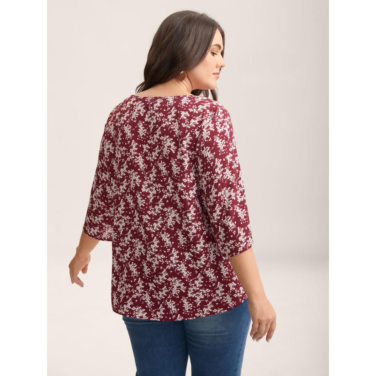 Plus Size Burgundy Floral Print Curvy Hem V-Neck Shirt Women Resort Elbow-length sleeve V-neck Vacation Blouses BloomChic 22-24/3X Product Image
