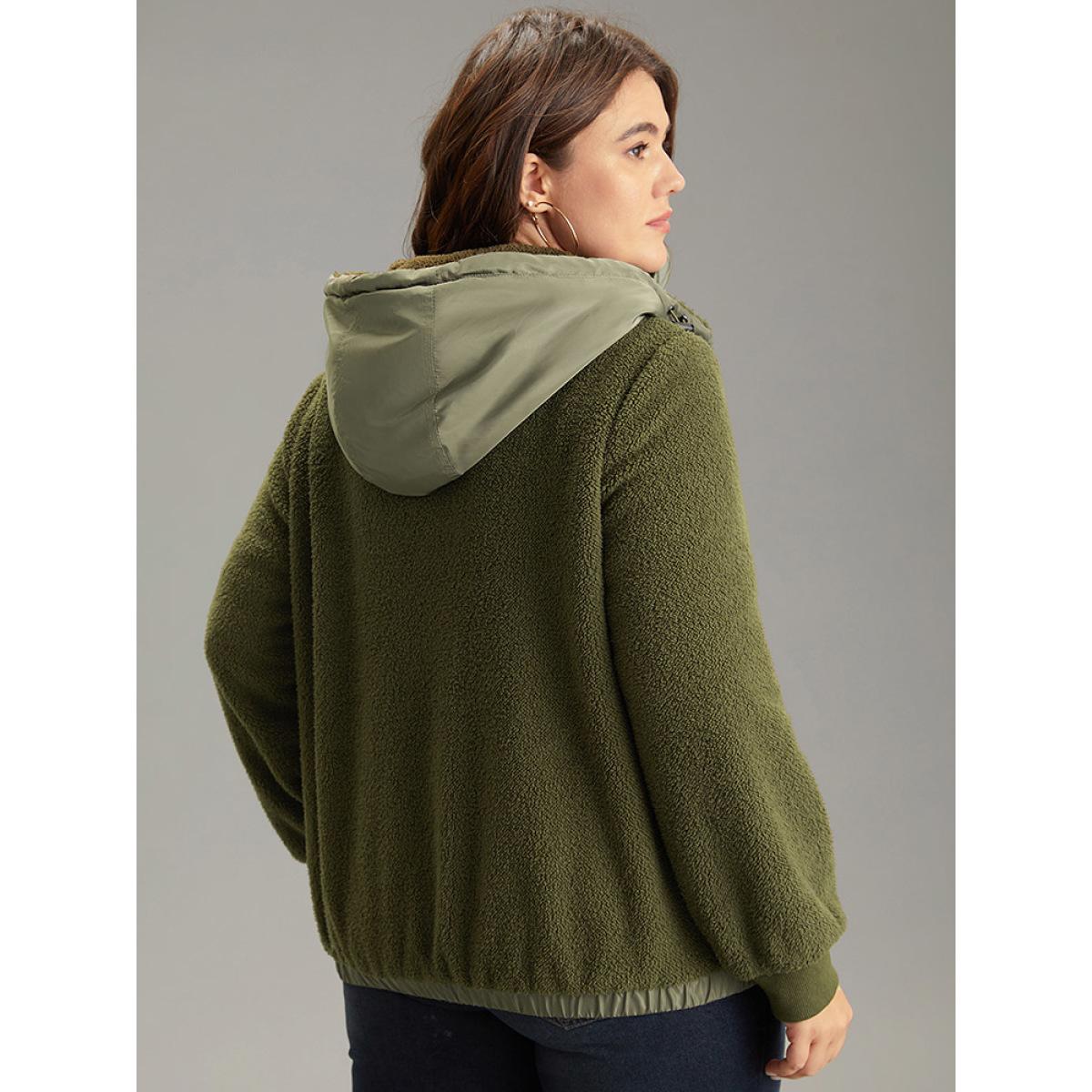 Plus Size Patchwork Zipper Rib Knit Hooded Teddy Jacket Women ArmyGreen Rib Knit Pocket Dailywear Jackets BloomChic 14-16/1X Product Image