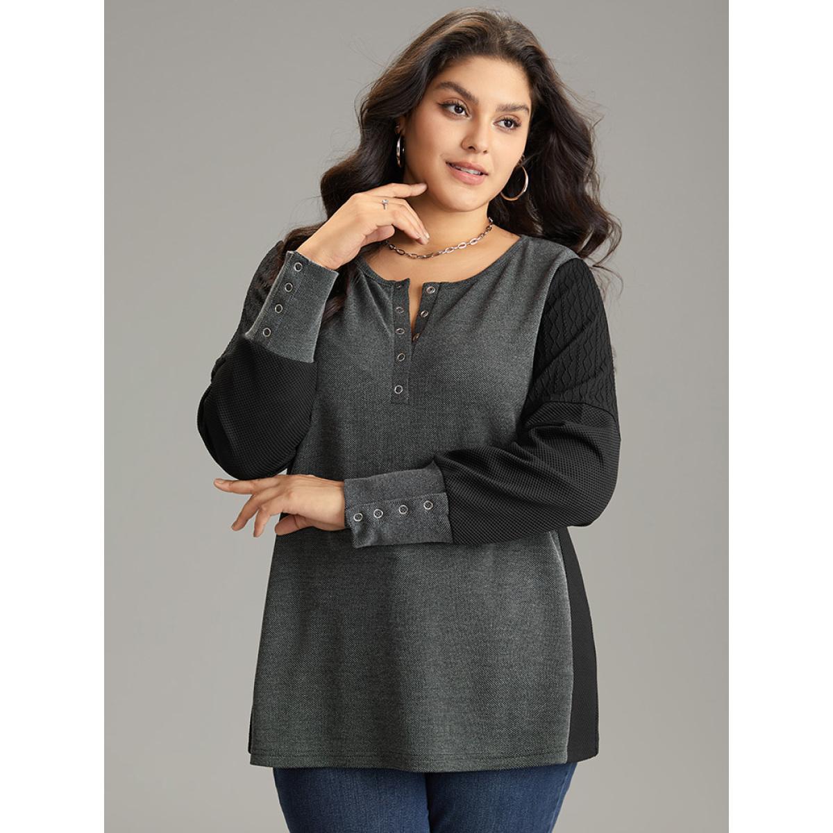 Plus Size Plisse Patchwork Two Tone Button Up T-shirt DimGray Women Casual Texture Plain Open Front Dailywear T-shirts BloomChic 26/4X Product Image