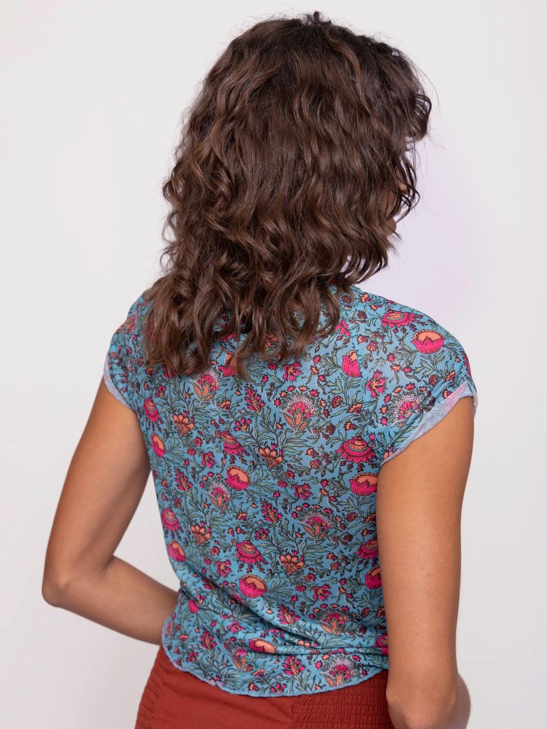 Simone Mesh Tee - Turquoise Pink Fan Floral Product Image