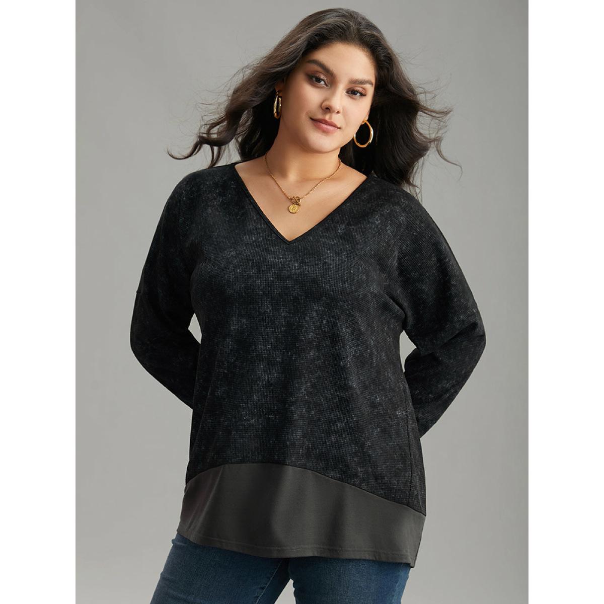 Plus Size Colorblock Waffle Knit Patchwork T-shirt DimGray Women Casual Waffle Knit Patchwork Round Neck Dailywear T-shirts BloomChic 22-24/3X Product Image