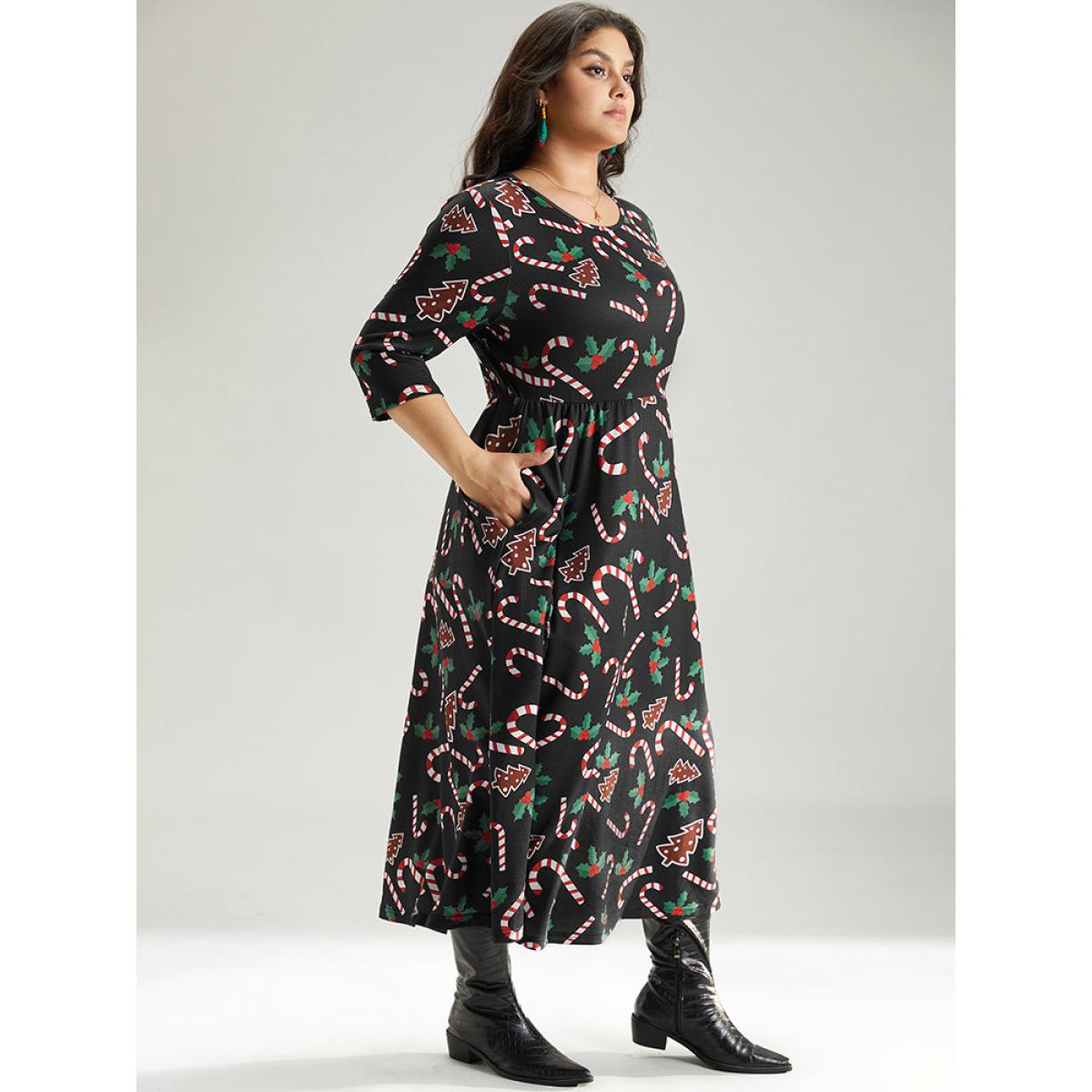 Plus Size Christmas Print Pocket Elastic Waist Dress Black Women Playful Printed Round Neck Long Sleeve Curvy Midi Dress BloomChic 12/L Product Image