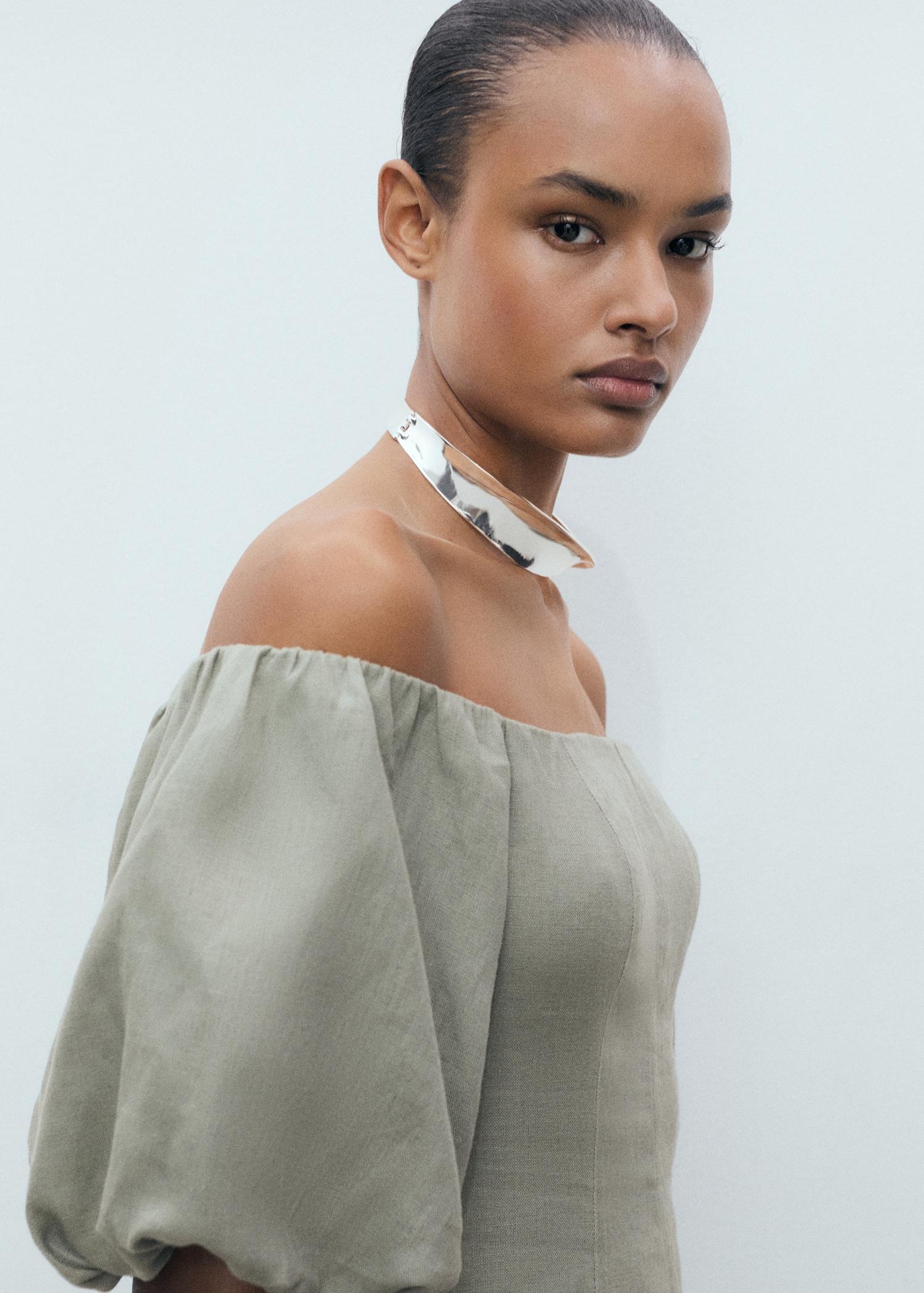 Puffed-sleeve linen dress - Women | MANGO USA Product Image