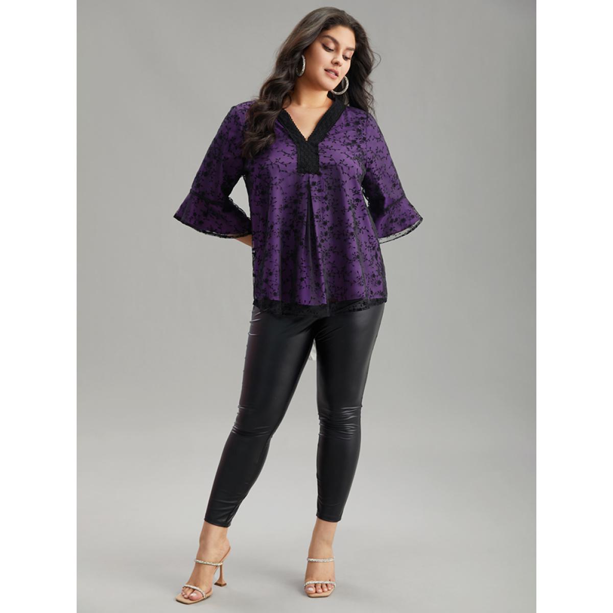 Plus Size DarkGreen Crochet Lace Mesh Bell Sleeve Blouse Women Cocktail Elbow-length sleeve V-neck Party Blouses BloomChic 22-24/3X Product Image