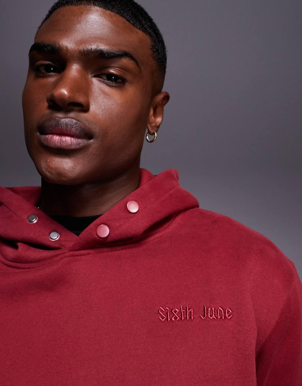 Sixth June back embroidered quote hoodie in burgundy Product Image