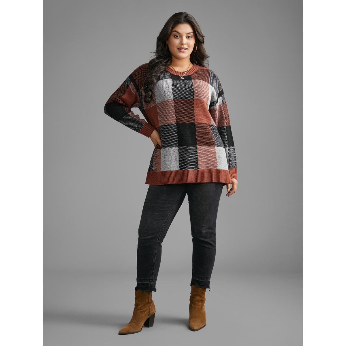 Plus Size Plaid Contrast Slit Hem Pullover Yellowishbrown Women Casual Loose Long Sleeve Round Neck Everyday Pullovers BloomChic 12/L Product Image
