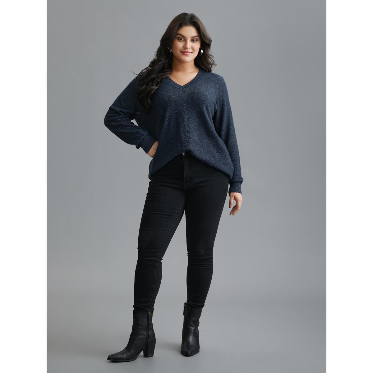 Plus Size Hollowed-Out-Back Bows V-Neck Pullover Midnight Women Casual Loose Long Sleeve V-neck Everyday Pullovers BloomChic 30/6X Product Image
