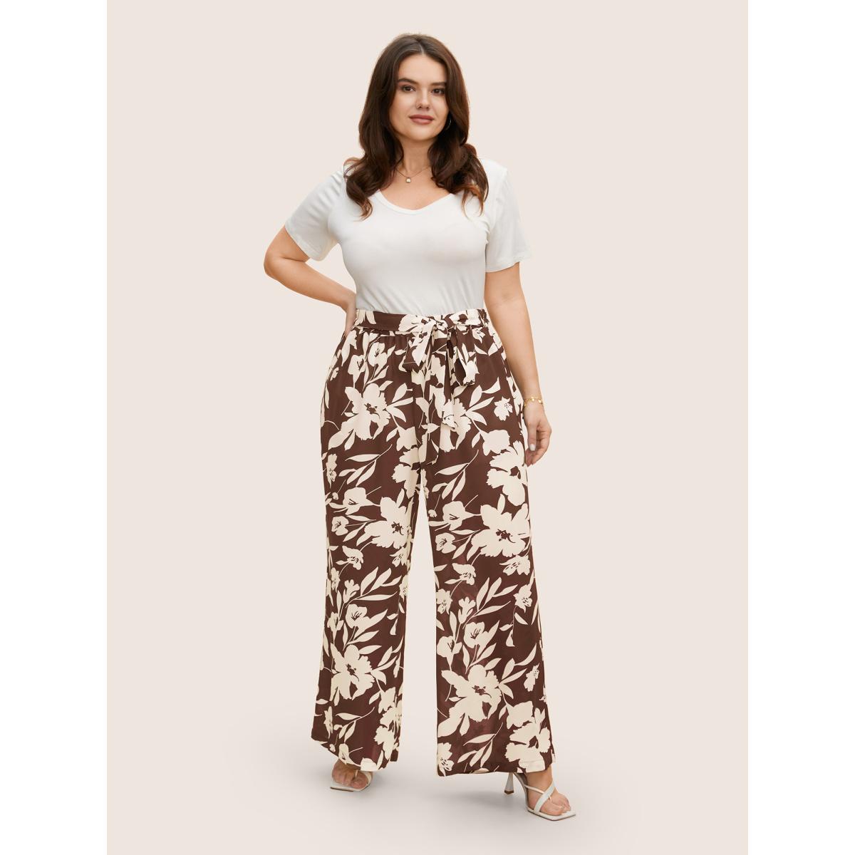Plus Size Silhouette Floral Print Ties Side Seam Pocket Pants Women Browncoffeecolor Elegant Wide Leg High Rise Everyday Pants BloomChic 22-24/3X Product Image