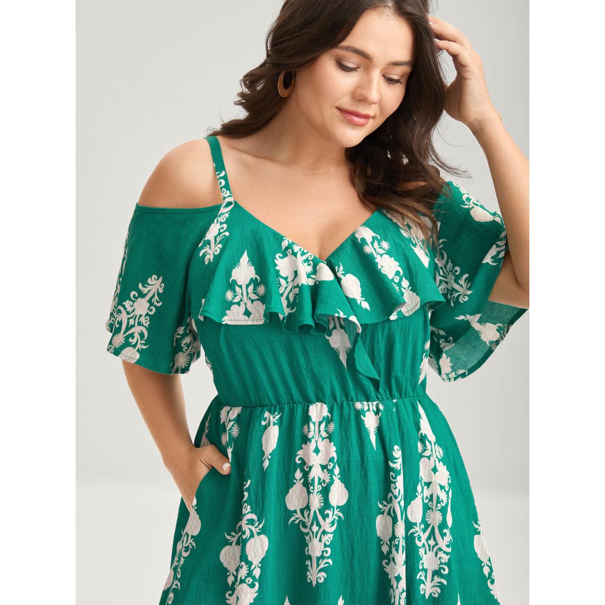 Plus Size Rayon Boho Print Slit Pockets Midi Dress Emerald Women Overlap Collar Short sleeve Curvy BloomChic 26/4X Product Image
