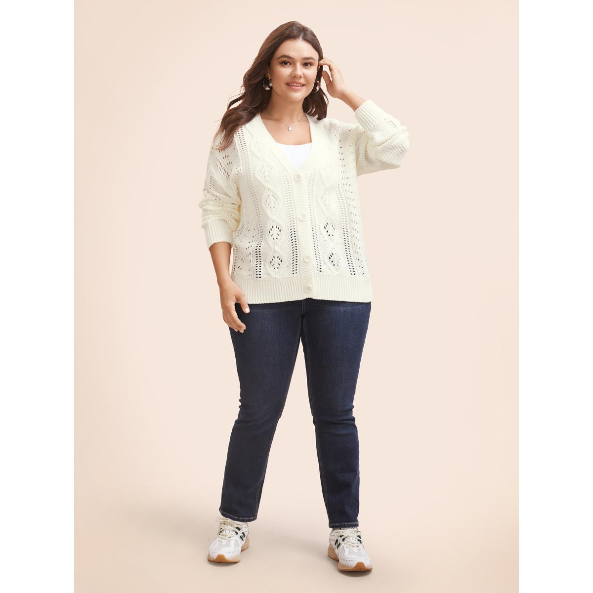 Plus Size Solid Hollow Out Button Up Cardigan Apricot Women Casual Loose Long Sleeve Everyday Cardigans BloomChic 30/6X Product Image