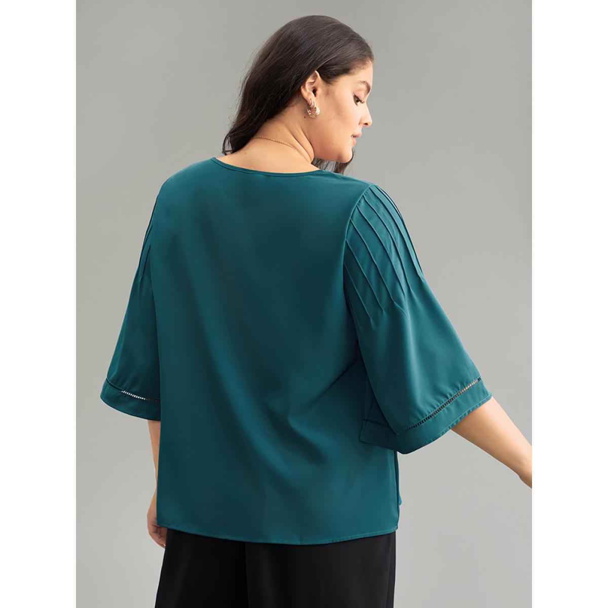 Plus Size Cyan Anti-Wrinkle Pleated Detail Flounce Sleeve Blouse Women Office Half Sleeve Round Neck Work Blouses BloomChic 28/5X Product Image