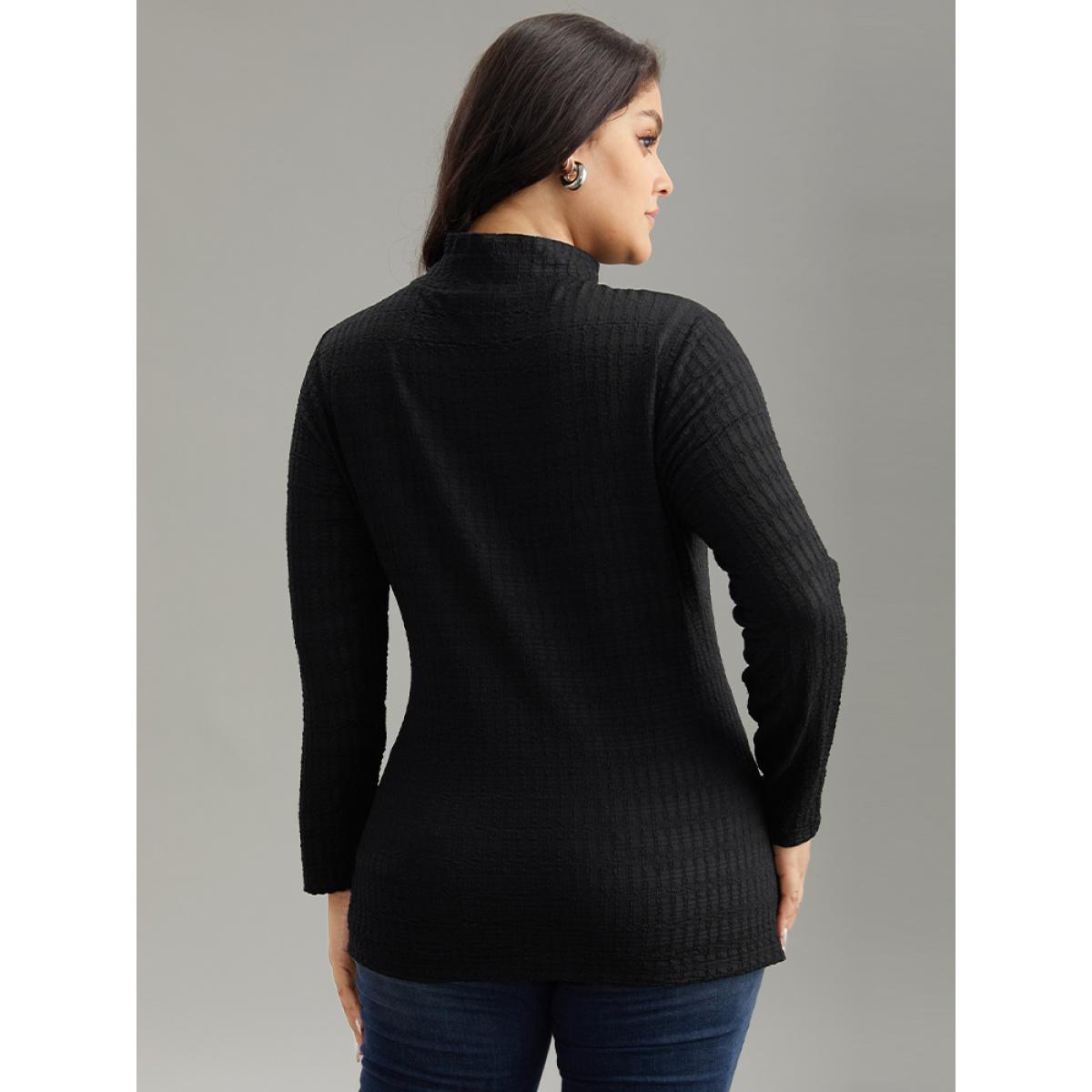 Plus Size Plain Texture Mock Neck T-shirt Black Women Elegant Texture Plain Mock Neck Dailywear T-shirts BloomChic 28/5X Product Image