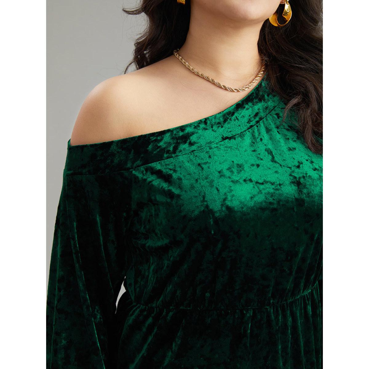 Plus Size Solid Velvet One Shoulder Elastic Waist Dress Cyan Women Glamour Elastic cuffs One Shoulder Long Sleeve Curvy Midi Dress BloomChic 28/5X Product Image