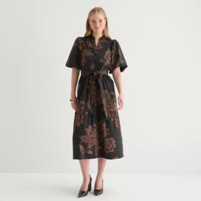 Sandra Darren Womens Short Sleeve Floral Midi Fit + Flare Dress Product Image