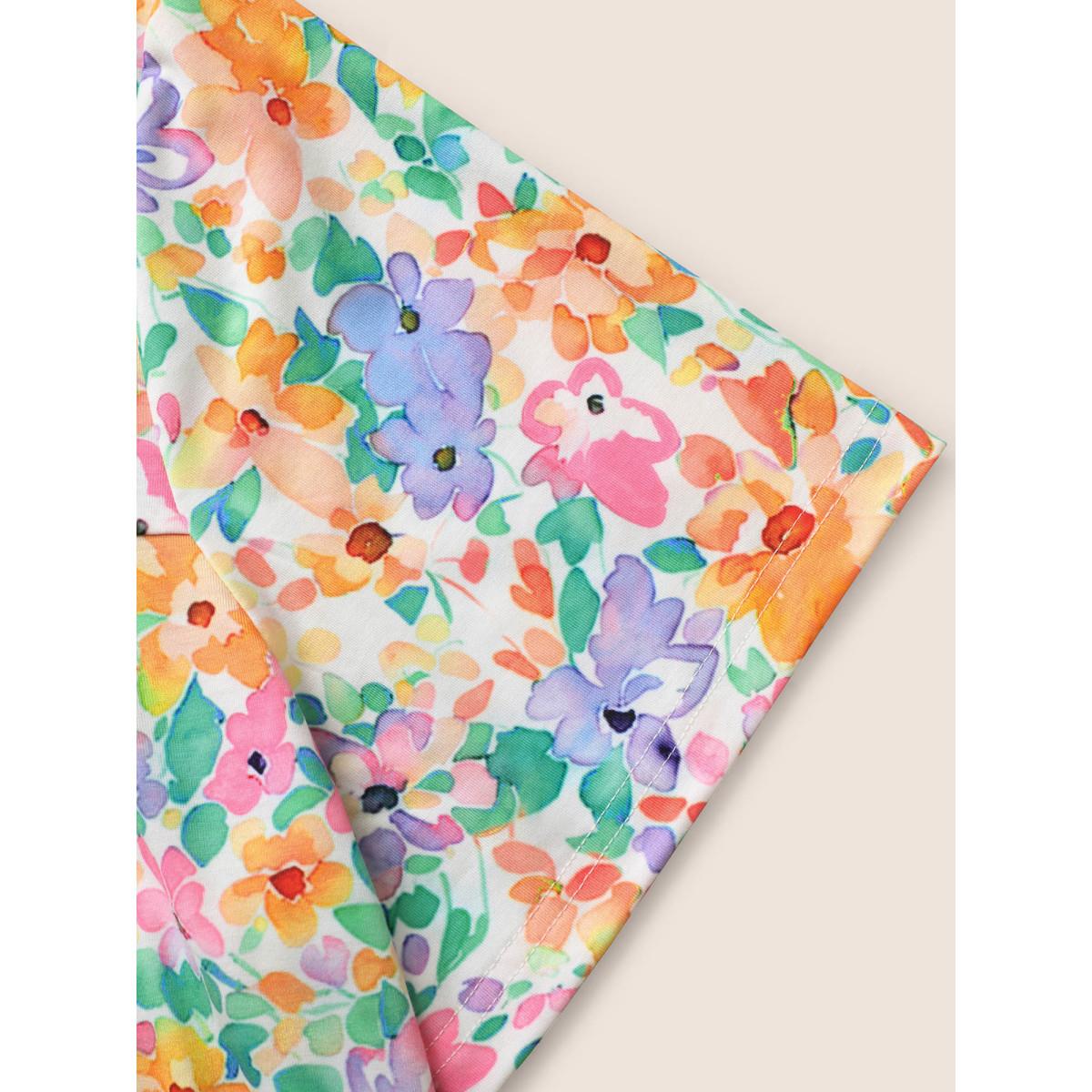 Plus Size Crew Neck Colored Floral Gathered T-shirt Multicolor Women Elegant Contrast Natural Flowers Round Neck Everyday T-shirts BloomChic 28/5X Product Image