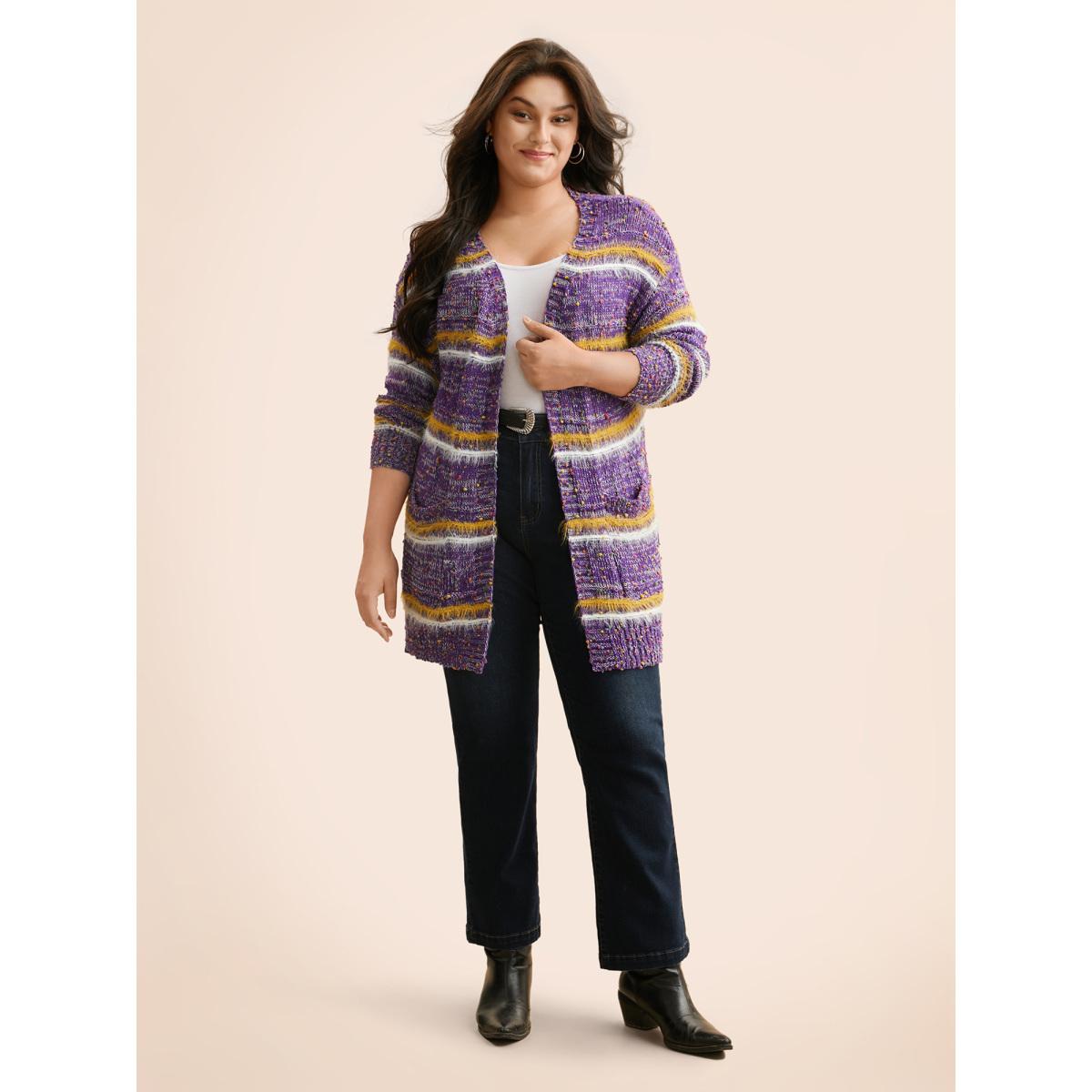 Plus Size Striped Contrast Texture Fluffy Cardigan Deeppurplered Women Casual Loose Long Sleeve Everyday Cardigans BloomChic 22-24/3X Product Image