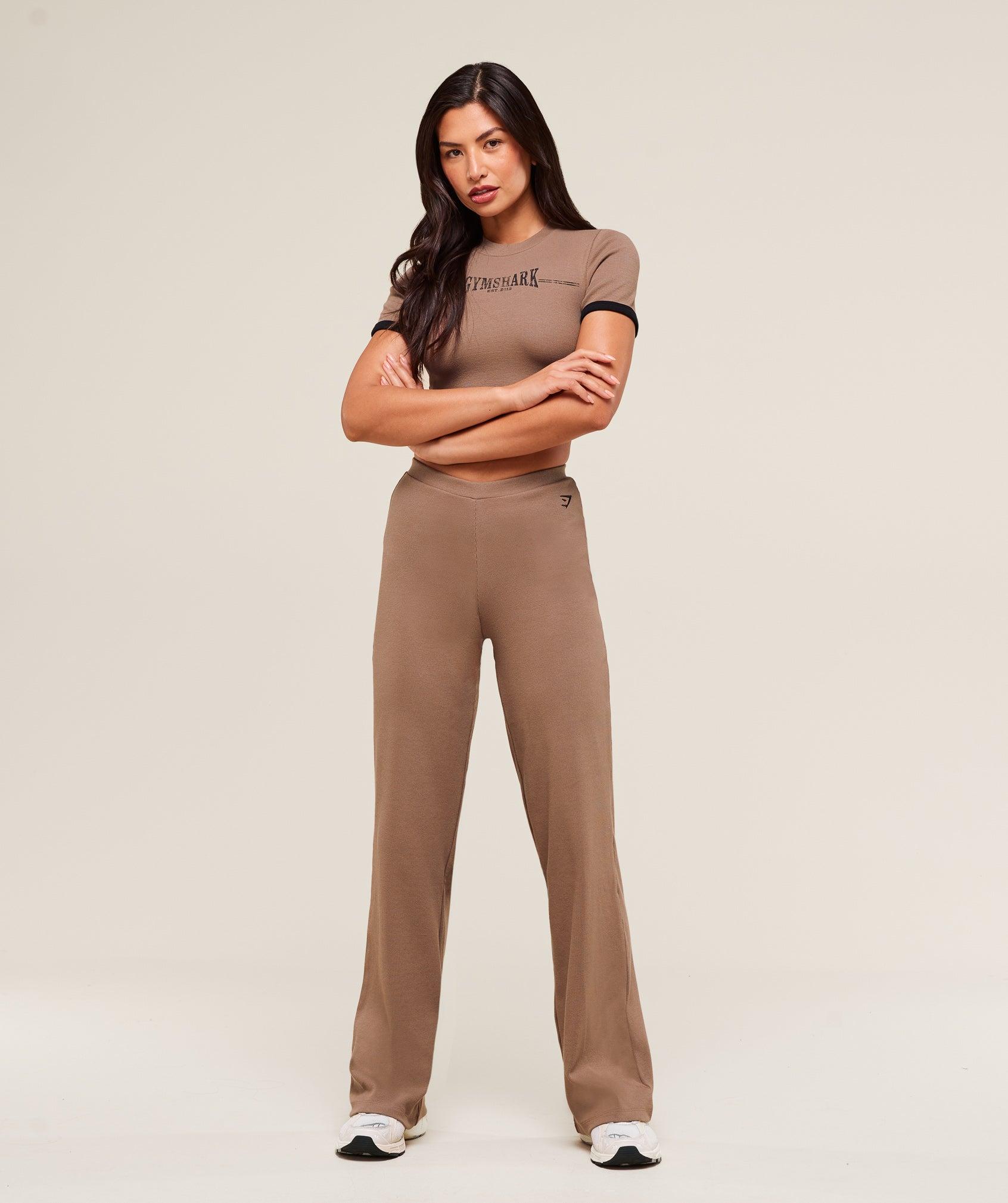 Gymshark Ribbed Cotton Straight Leg Pants - Mocha Mauve/Black Female Product Image
