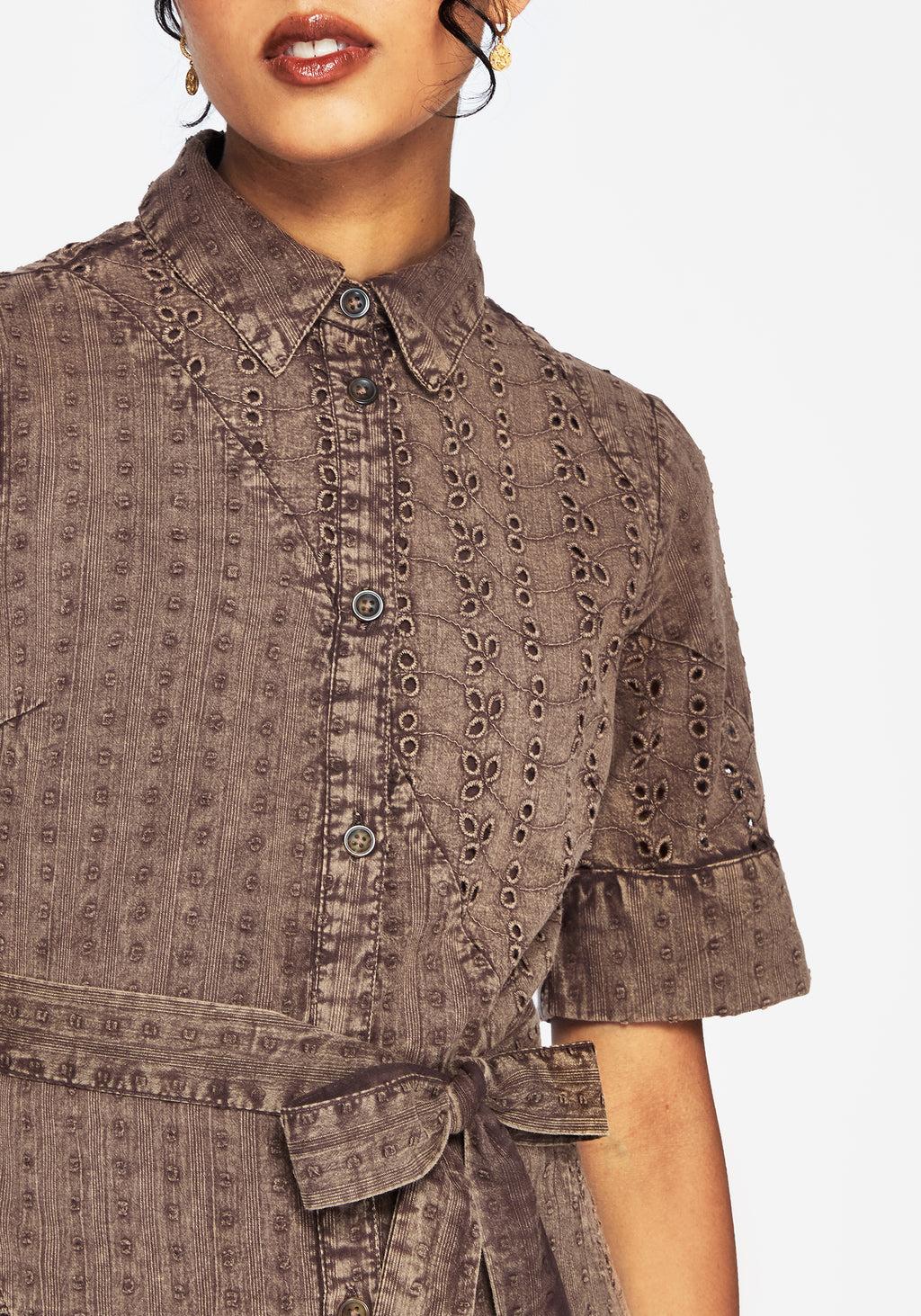 Summerisle Cotton Broderie Detail Tie Wrap Midi Shirt Dress Product Image