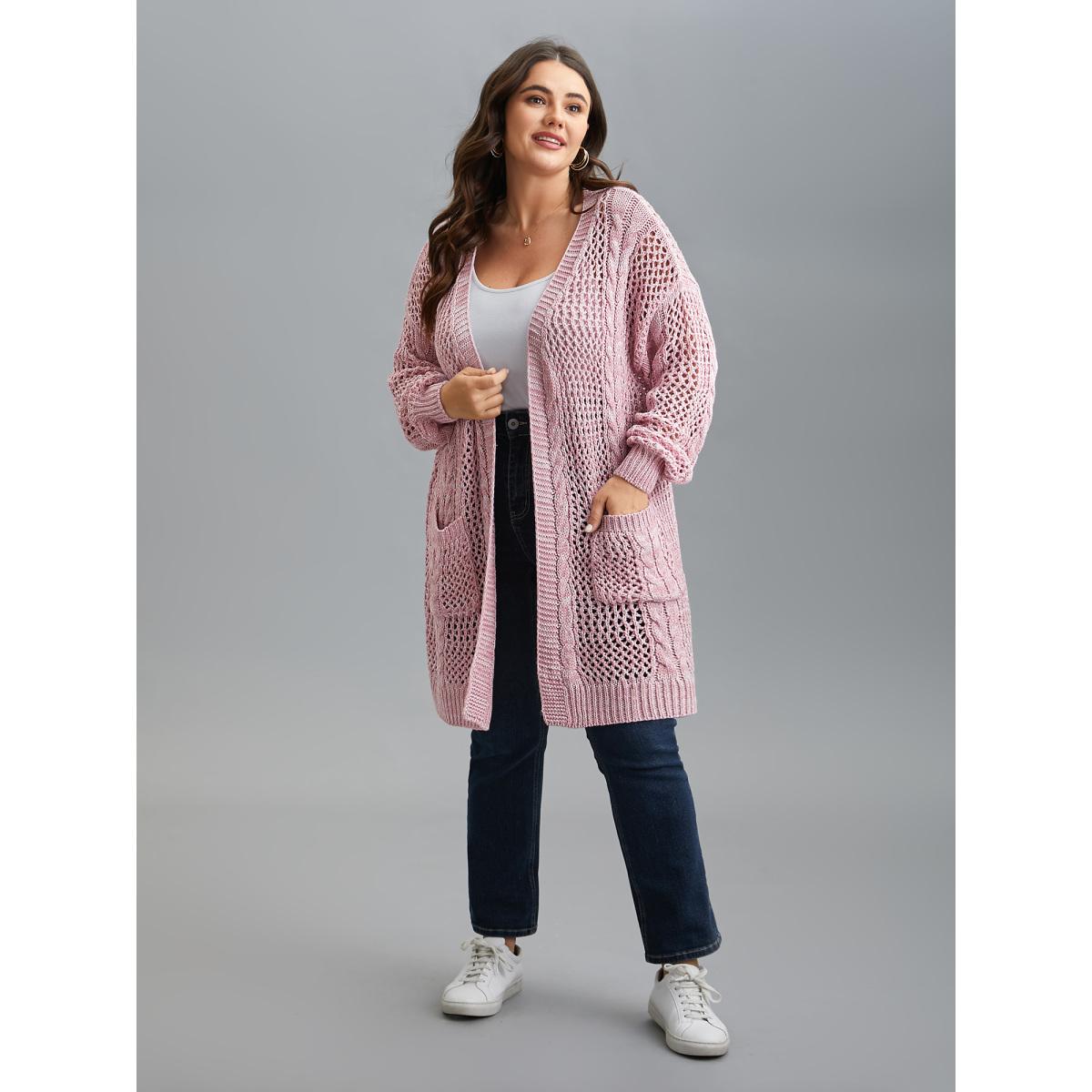 Plus Size Cut-Out Crochet Textured Open-Front Cardigan Blush Women Casual Loose Long Sleeve Everyday Cardigans BloomChic 28/5X Product Image