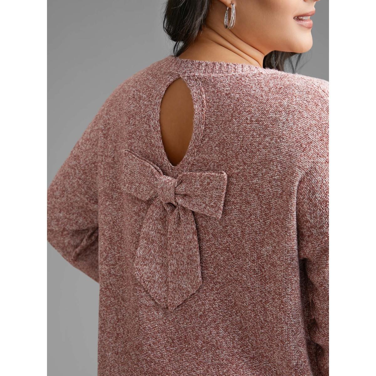 Plus Size Texture Bowknot Cut Out Slit Hem Pullover Crepe Women Leisure Loose Long Sleeve Round Neck Casual Pullovers BloomChic 30/6X Product Image