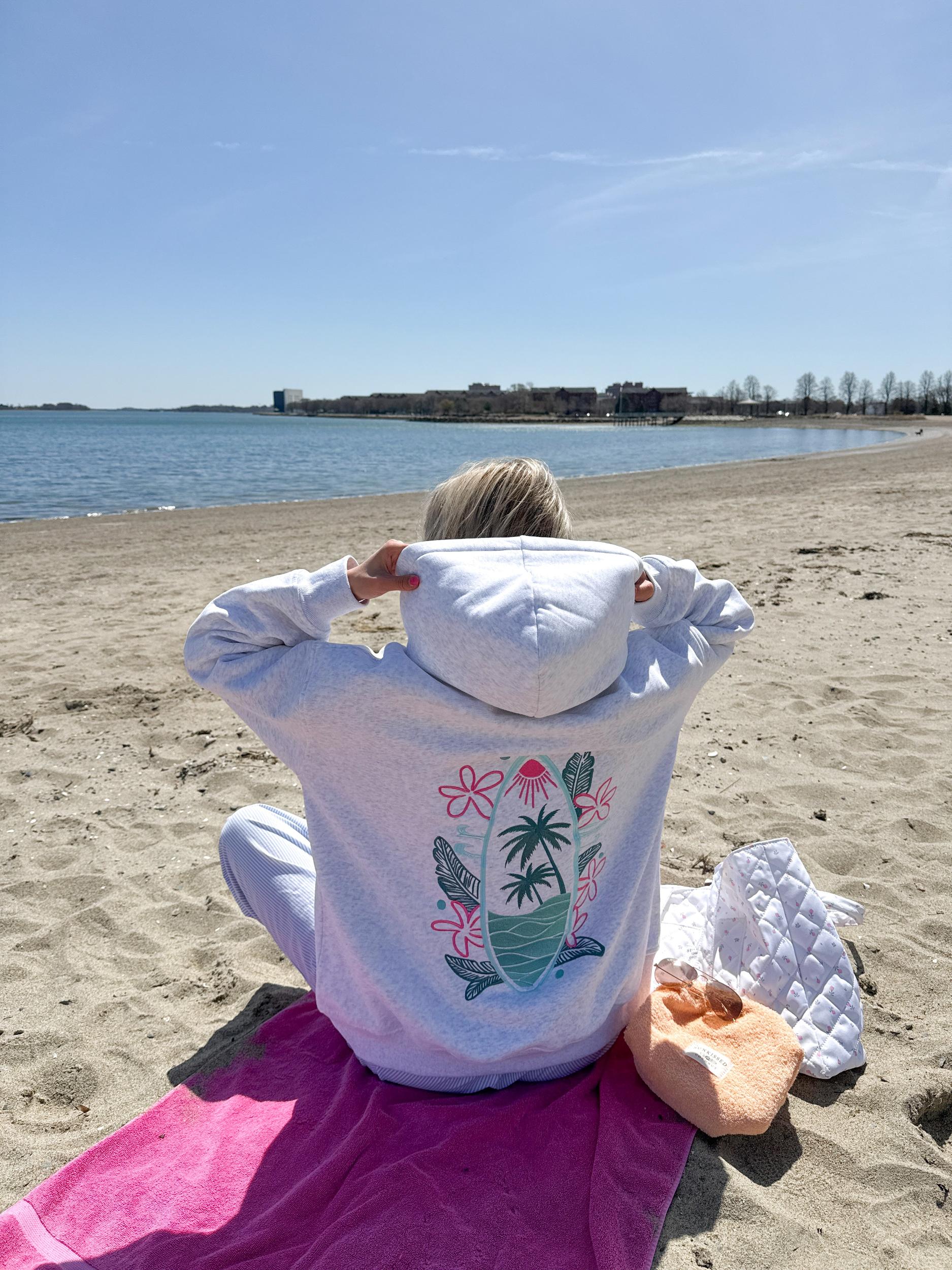 Pearl Grey Surfing The Waves Embroider Hoodie Product Image