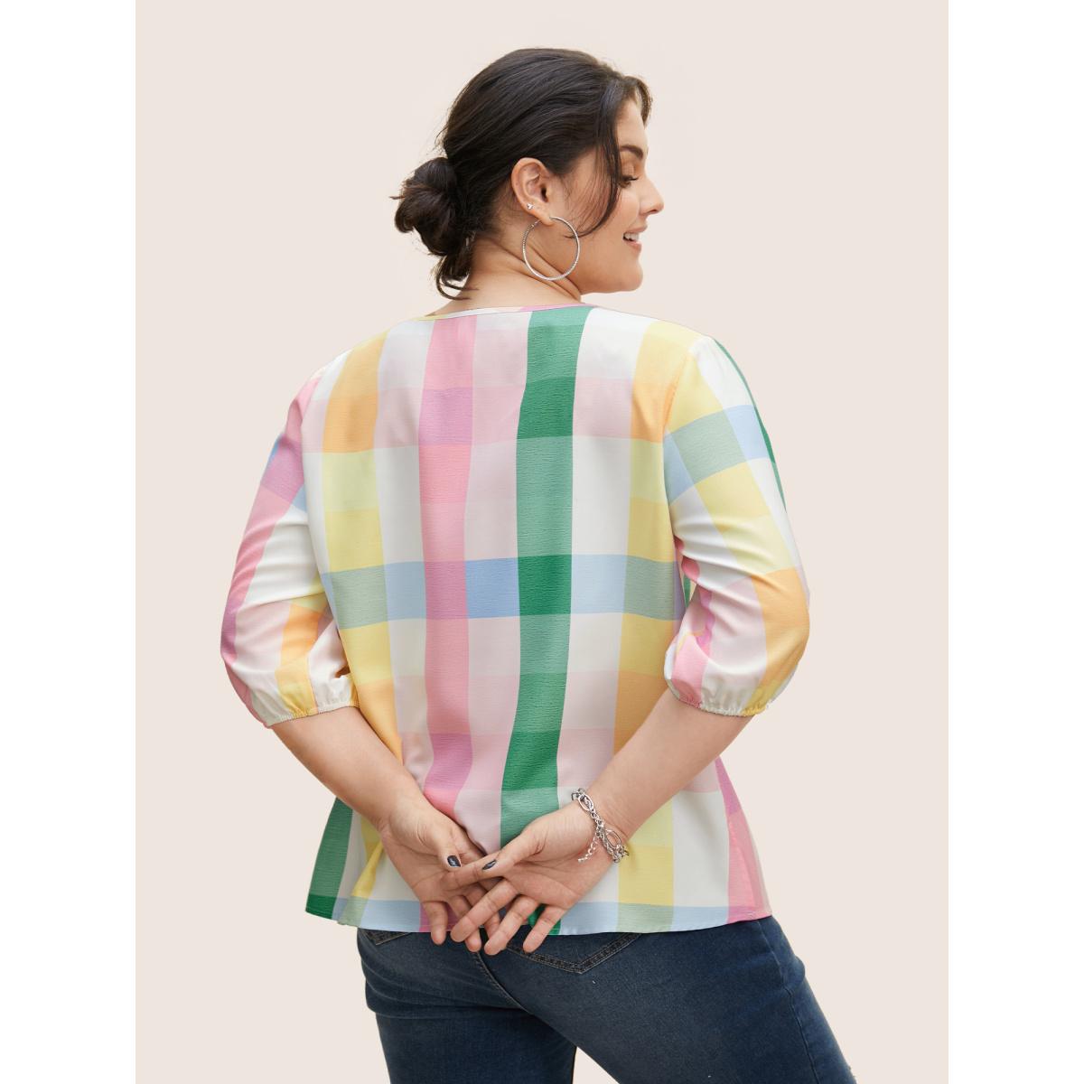 Plus Size Multicolor Contrast Plaid Tie Knot Lantern Sleeve Blouse Women Casual Elbow-length sleeve V-neck Everyday Blouses BloomChic 14-16/1X Product Image