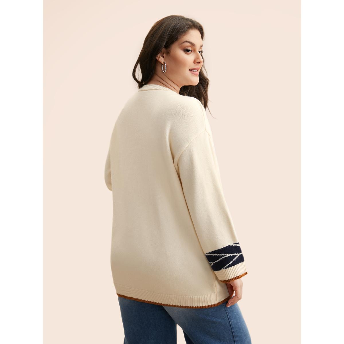 Plus Size Supersoft Essentials Contrast Jacquard Cardigan Beige Women Casual Loose Long Sleeve Everyday Cardigans BloomChic 26/4X Product Image