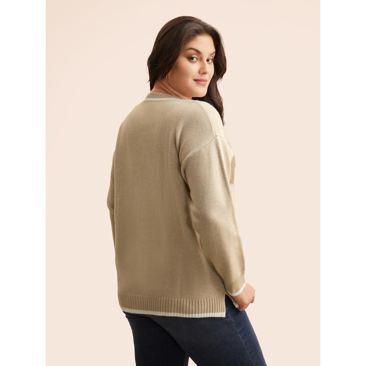Plus Size Floral Jacquard Contrast Trim Slit Hem Pullover LightBrown Women Casual Long Sleeve Round Neck Everyday Pullovers BloomChic 18-20/2X Product Image
