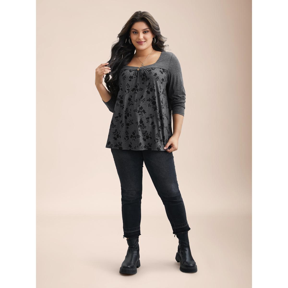 Plus Size Floral Spliced Heart Neckline Gathered T-Shirt DimGray Women Leisure Gathered Heart neckline Casual T-shirts BloomChic 18-20/2X Product Image