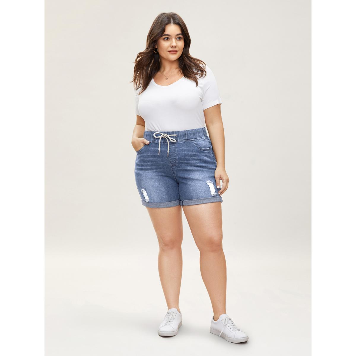 Plus Size Distressed Drawstring Roll Hem Denim Shorts Women LightBlue Drawstring High stretch Casual Slanted pocket Leisure Denim Shorts BloomChic 16/1X Product Image