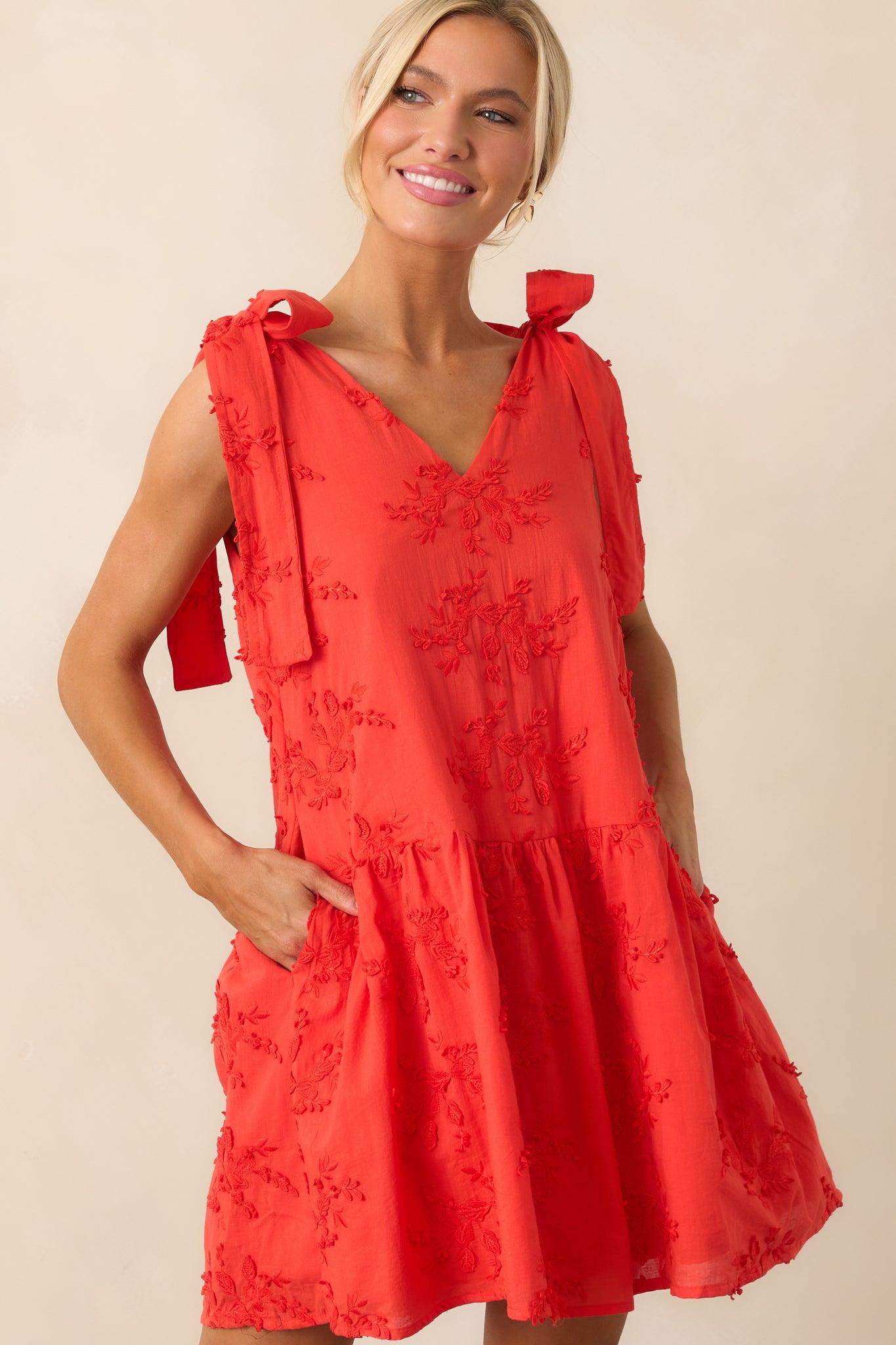 Holding Things Together Red Floral Embroidered Cotton Mini Dress Product Image