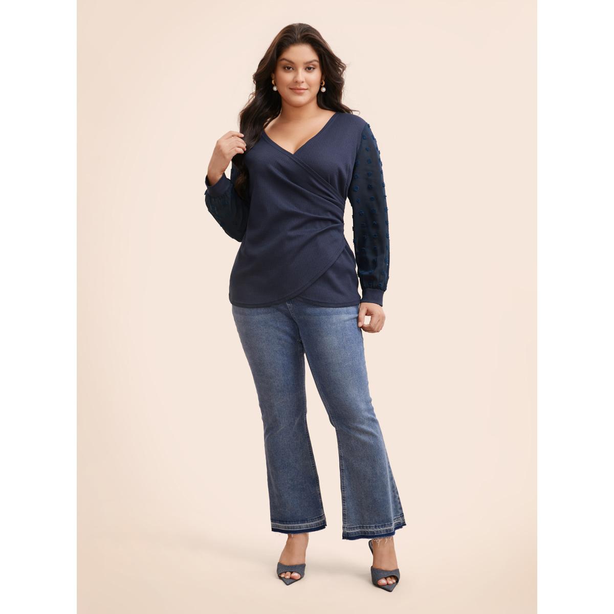 Plus Size Waffle Knit Patchwork Mesh Overlapping T-shirt Indigo Women Elegant Overlapping V-neck Bodycon Everyday T-shirts BloomChic 18-20/2X Product Image