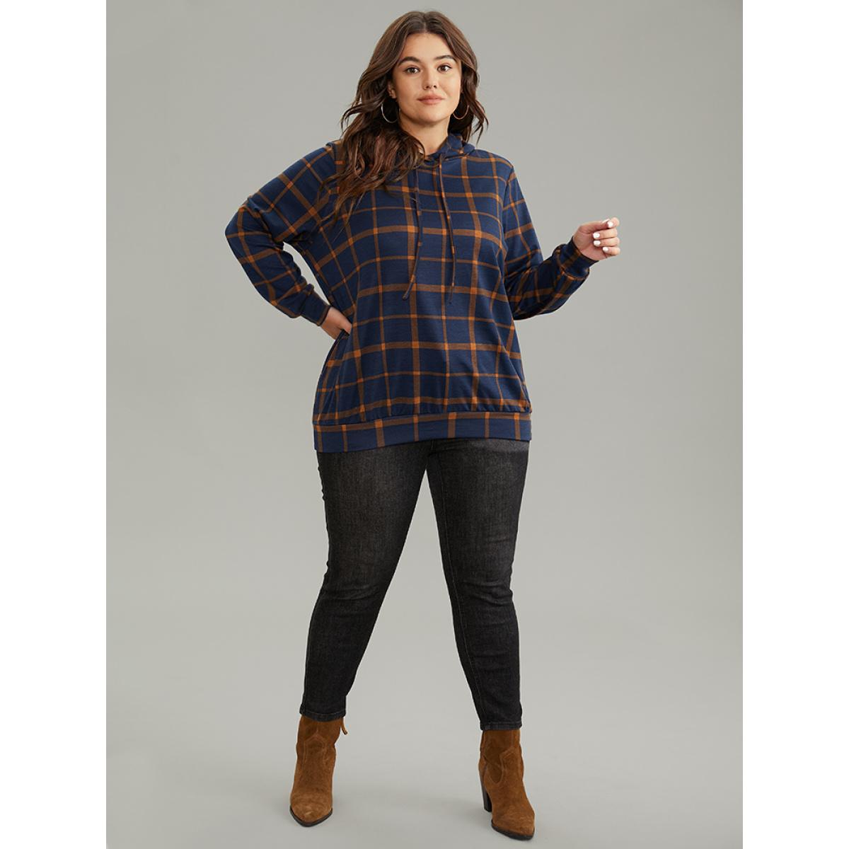 Plus Size Contrast Plaid Hooded Drawstring Sweatshirt Women DarkBlue Casual Contrast Hooded Dailywear Sweatshirts BloomChic 12/L Product Image