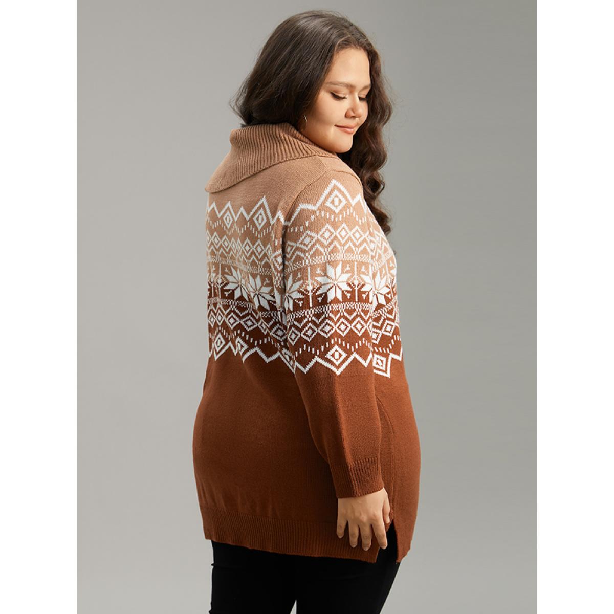 Plus Size Snowflake Print Button Detail Split Side Pullover Multicolor Women Casual Loose Long Sleeve Lapel Collar Festival-Christmas Pullovers BloomChic 22-24/3X Product Image