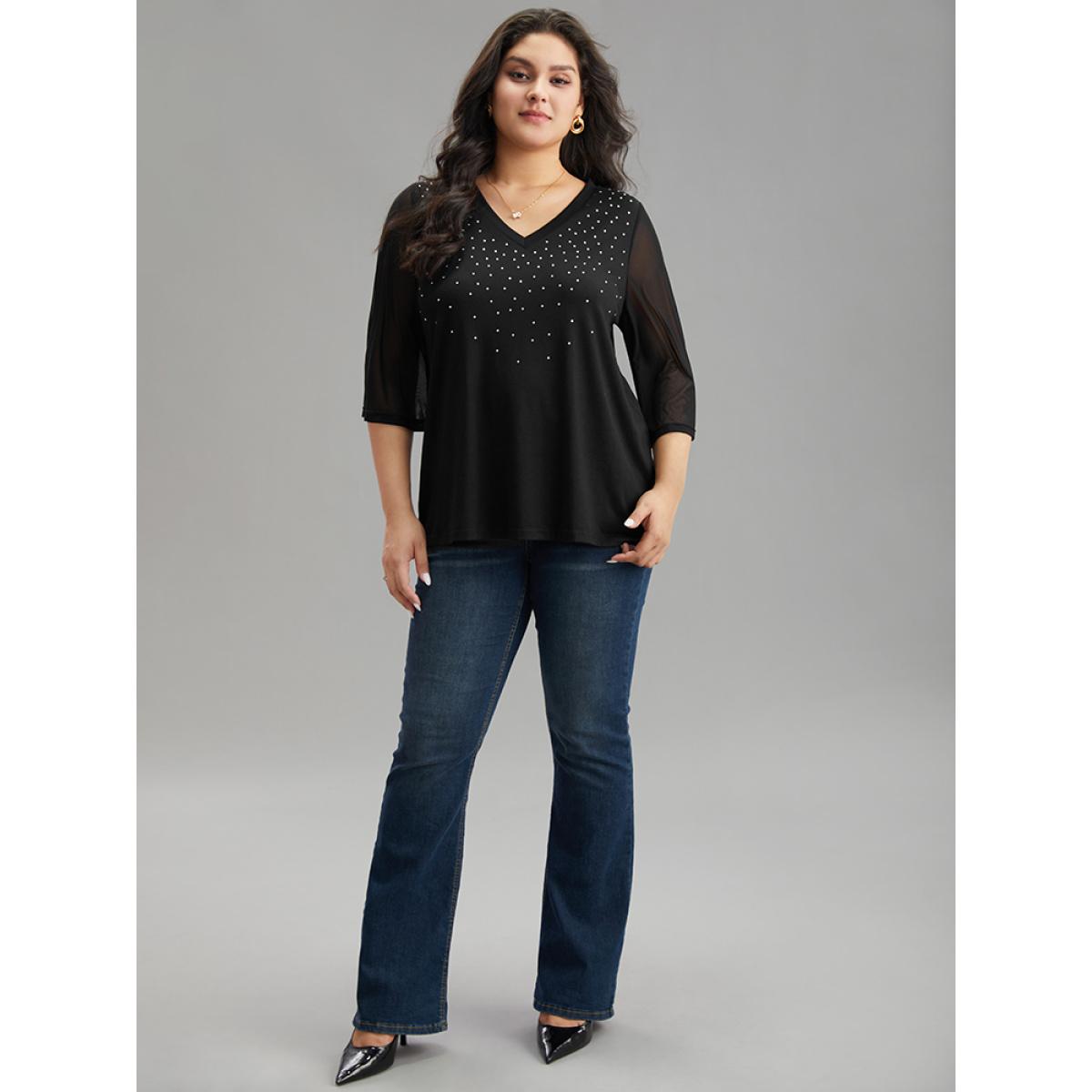 Plus Size Plain Patchwork Mesh Rhinestone Detailing T-shirt Black Women Elegant Rhinestone detailing Galaxy V-neck Dailywear T-shirts BloomChic 30/6X Product Image